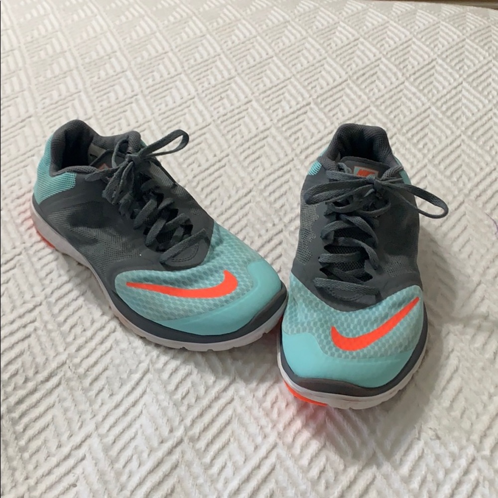 Nike Women's Teal and Gray Sneakers with Orange Swoosh